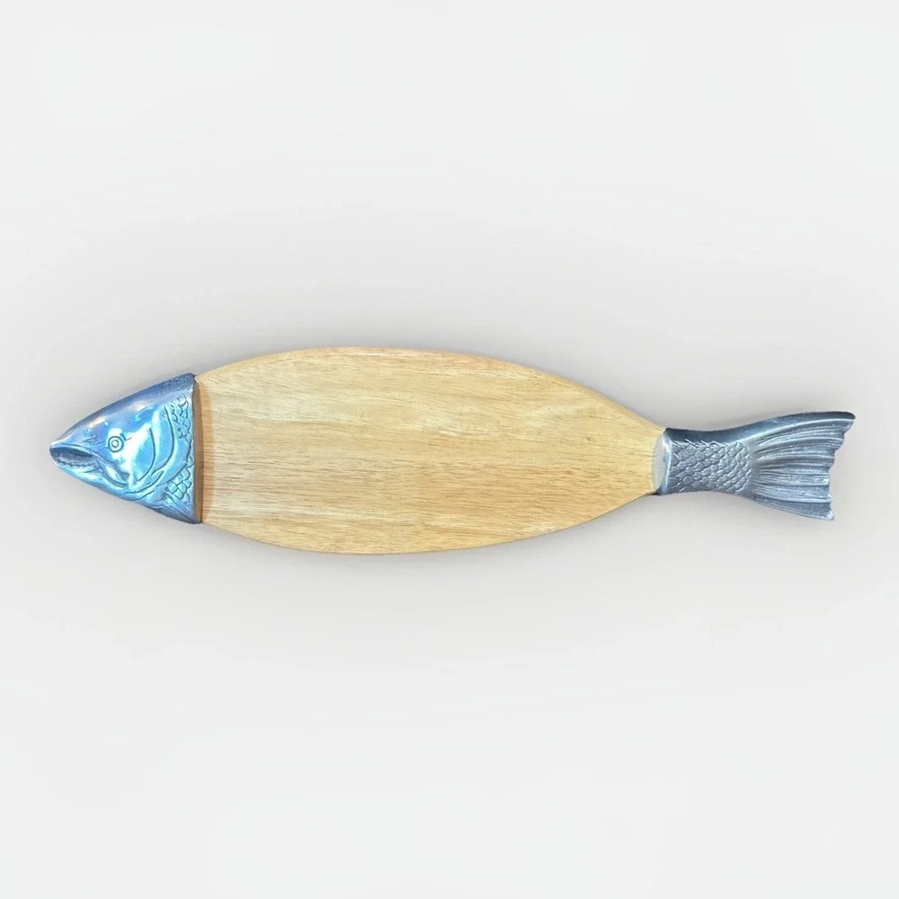 Vintage Salmon‎ Fish Wood And Pewter Cutting Board Charcuterie Serving Tray 26